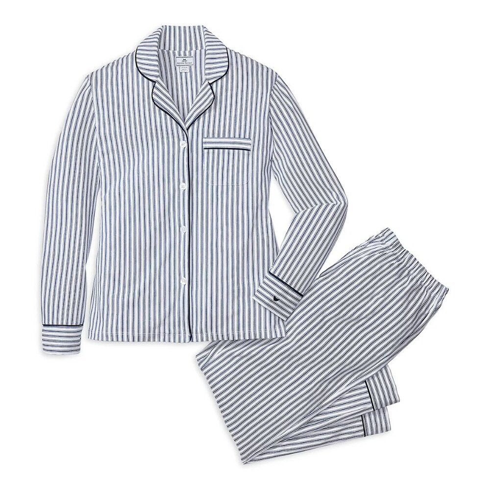 Petite Plume Women's Twill Pajama Set, Navy French Ticking, Small-New in package